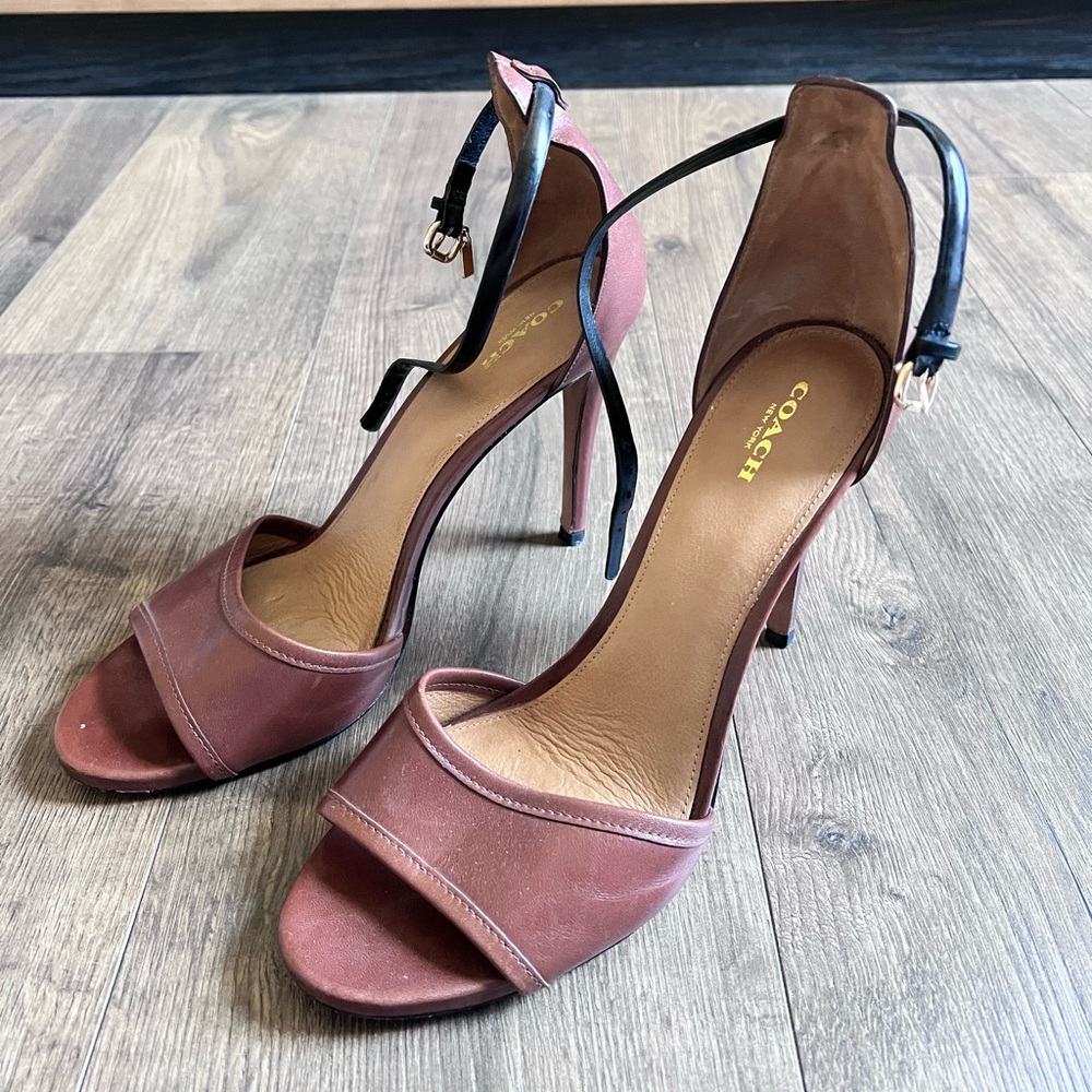 COACH brown heels with black strap